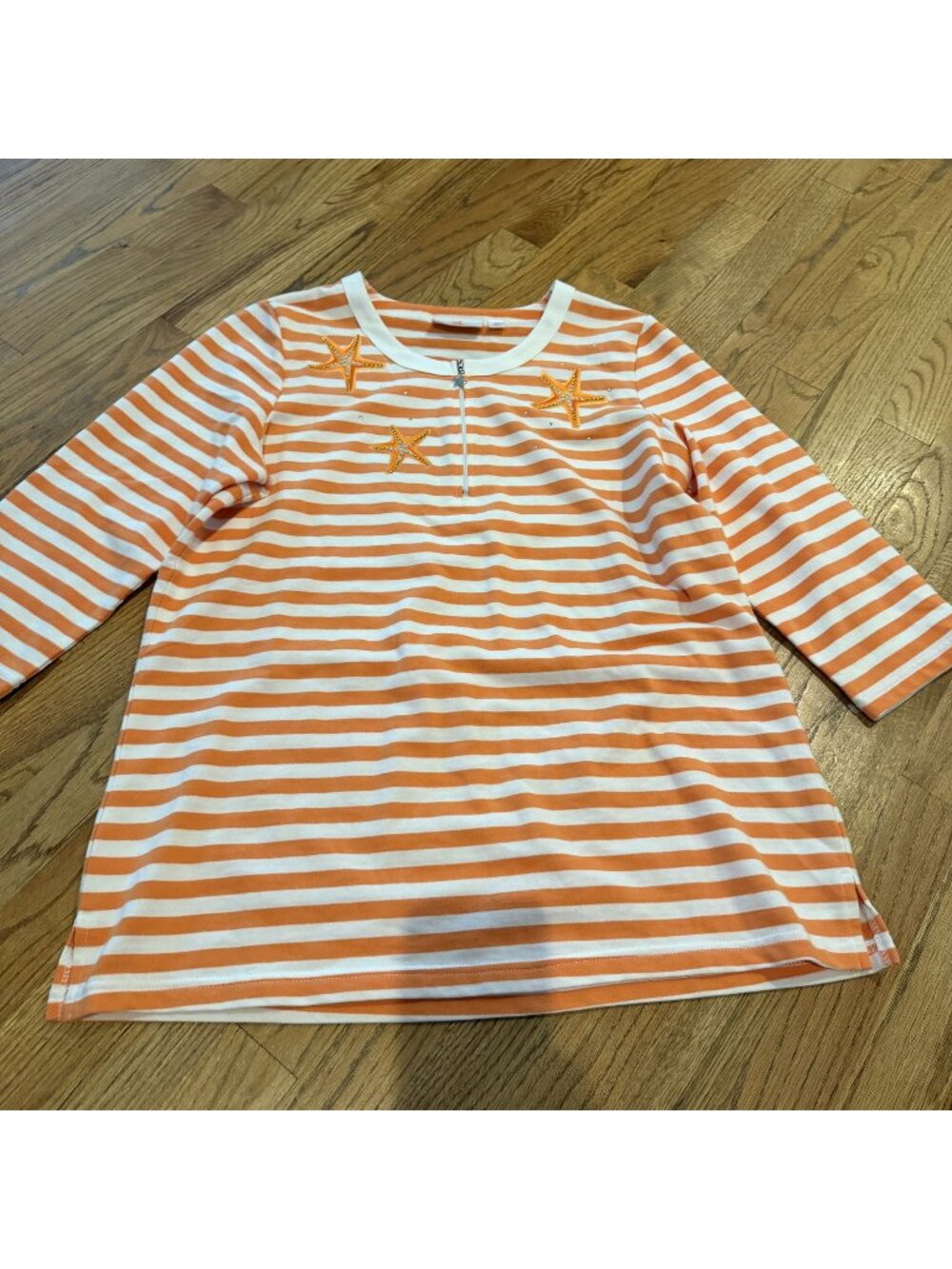 Quacker Factory Womens Orange Stripe 3/4 Sleeve Shirt MEdium Starfish
